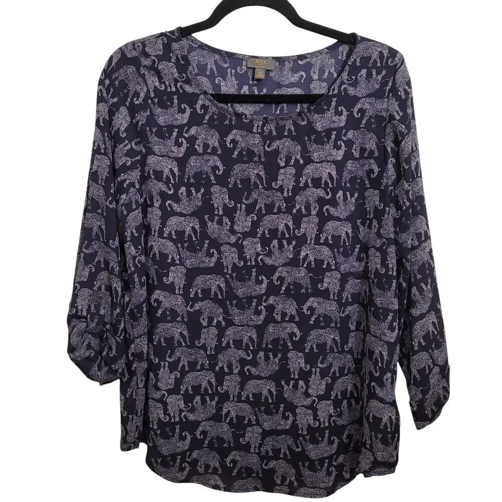 MIX Women’s Medium Navy Elephant Print Blouse Tunic 3/4 Sleeve Lightweight
